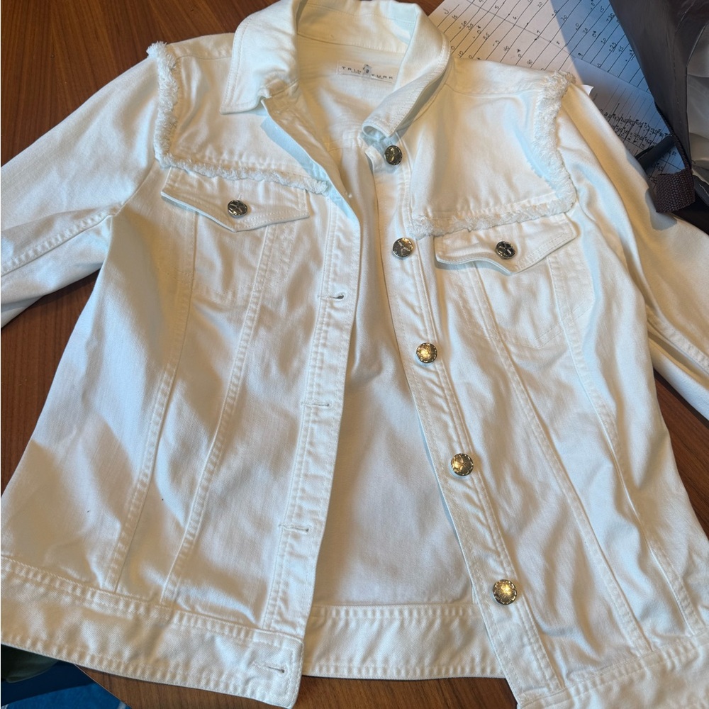 Trina Turk White Denim Jacket with Fringe Yoke
